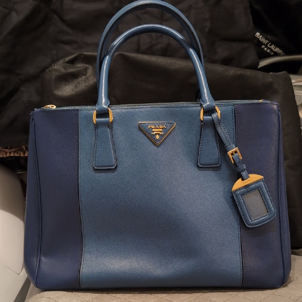 Prada Blue Saffiano Leather Double Zip Tote Bag